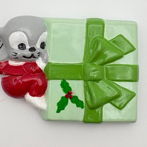 Vintage Christmas Mouse Ornament With Gift & Holly Design Hand Painted - Picture 5 of 6